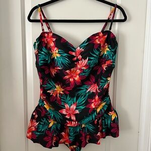 Tropical Escape Black One-Piece Swimsuit with Pink, Red and Yellow Floral Print
